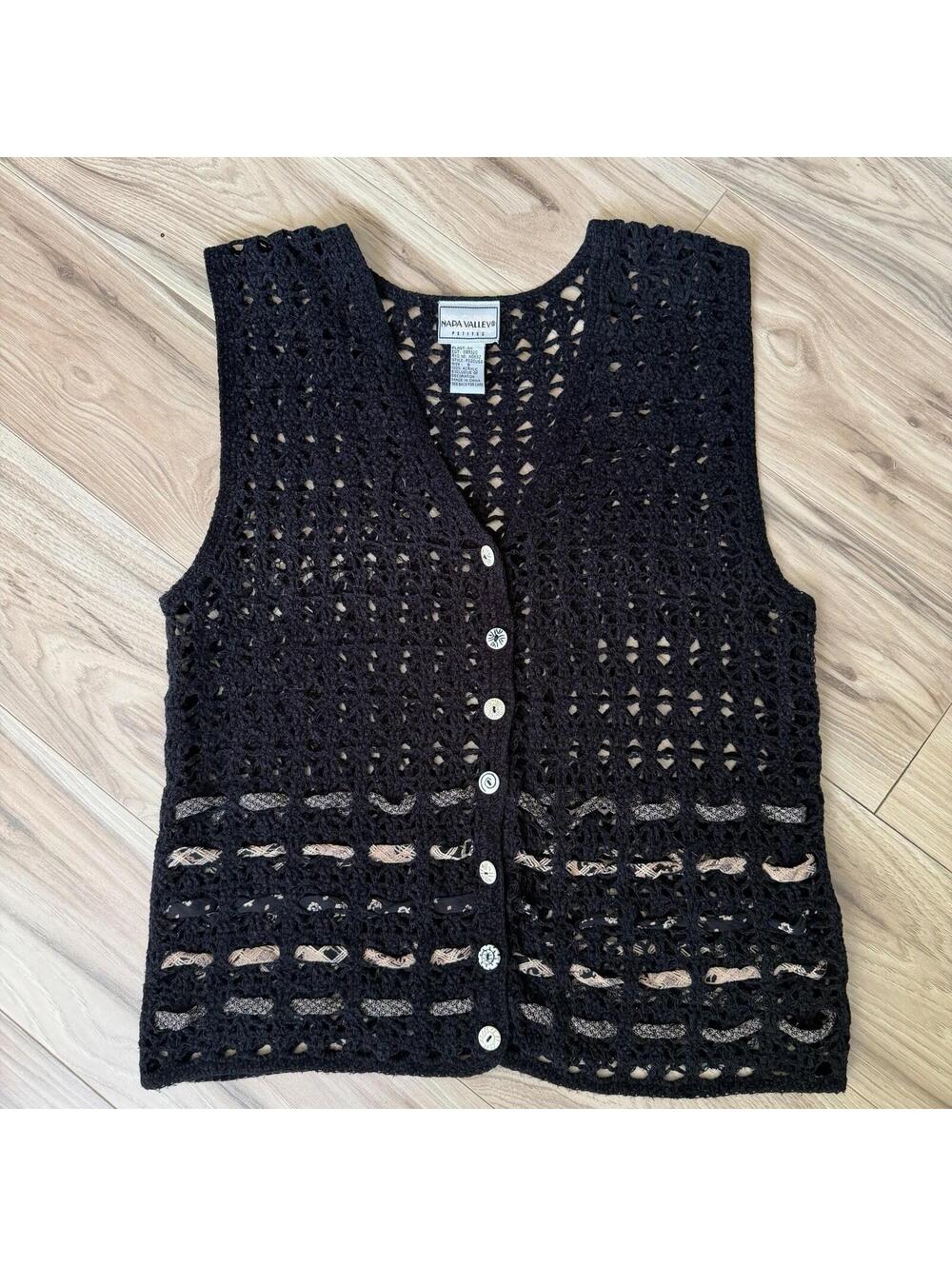 Vintage Napa Valley Petites Cottagecore Black Crochet Button Vest Size S